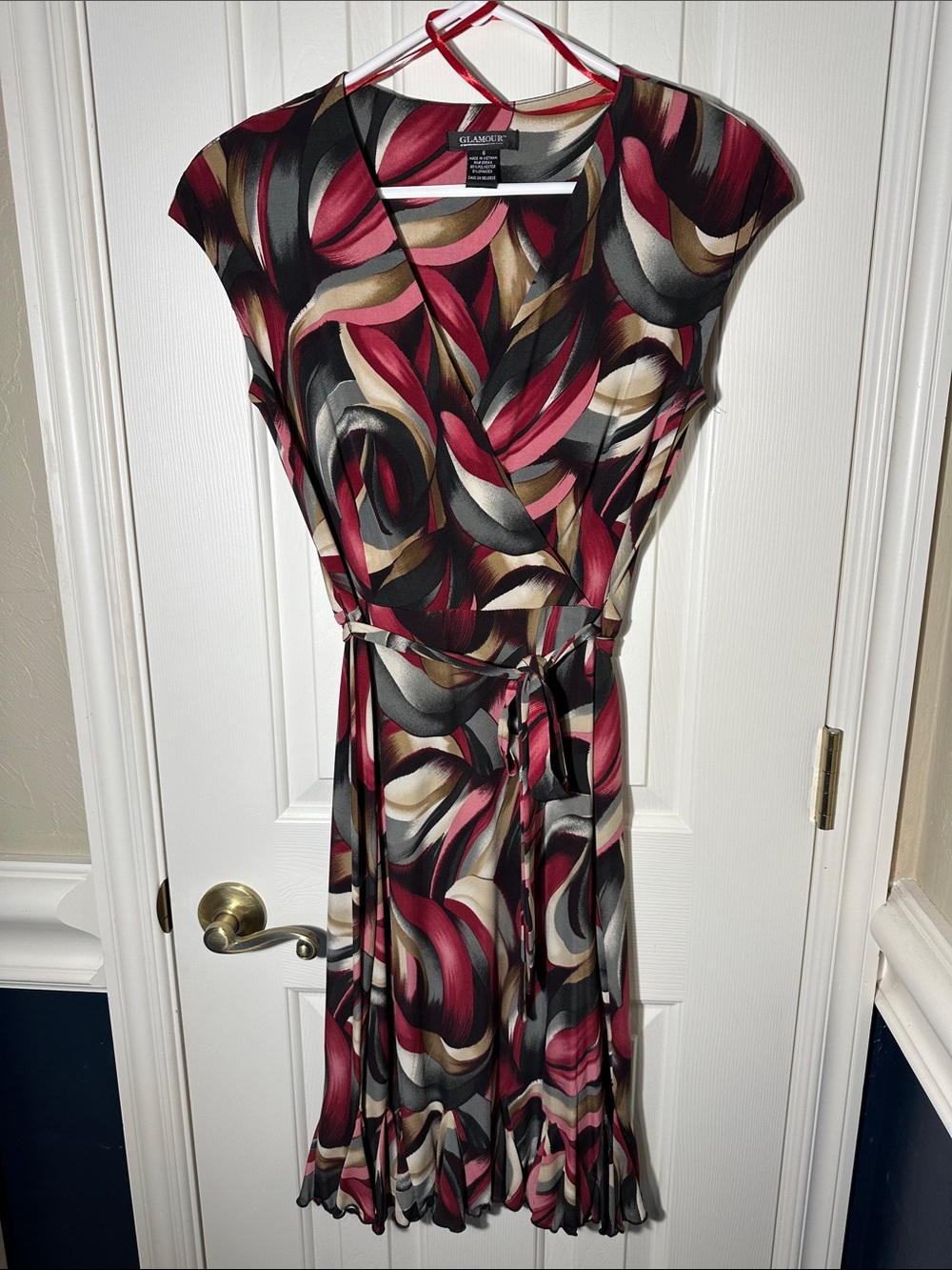 Glamour Brand Burgundy, Black & Cream Top is Wrap-Style Midi Dress Size 6